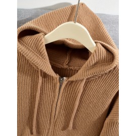 Women's Casual Oversized Hooded Cardigan - Thickened Winter Sweater with Double Zipper Front, Ribbed Cuffs & Hem, Earthy Brown, Medium Stretch for Fall & Winter Layering