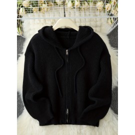 Women's Casual Oversized Hooded Cardigan - Thickened Winter Sweater with Double Zipper Front, Ribbed Cuffs & Hem, Earthy Brown, Medium Stretch for Fall & Winter Layering