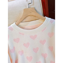 Women'S Pink Heart Sweater - Soft & Cozy Long Sleeve Pullover with Round Neck, Elegant Casual to Formal Wear, All-Season Comfort, Casual Wear Sweater | Round Neck Sweater | Soft Texture