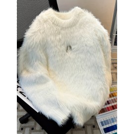 Korean Style Round Neck Sweater with Lazy Casual Metal Design Warm Faux Fur Pullover