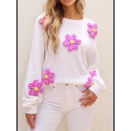 [Elegant Sweater] Valentine's Day Elegant Long Sleeve Crew Neck Sweater | Solid Color, Cute Flower Decorations, Women's Fashion - All Seasons