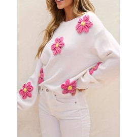 [Elegant Sweater] Valentine's Day Elegant Long Sleeve Crew Neck Sweater | Solid Color, Cute Flower Decorations, Women's Fashion - All Seasons
