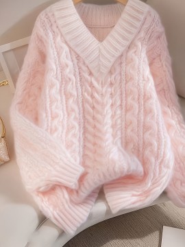 Gentle Pink Lazy Style Premium Loose V-Neck Twist Sweater for Women