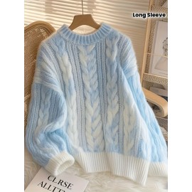 New Thickened Twisted Long Sleeve Sweater for Women in Lazy Style Blue Top