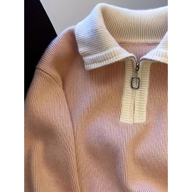 Women's Elegant Collar Zip-Up Sweater - Soft Long Sleeve Letter Detail Pullover, Cozy Fall Winter Machine Washable Casual Chic Tops, Cute Sweaters, Autumn Apparel, Subtle Color Contrast