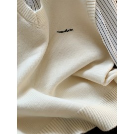 Women's Elegant Collar Sweater - Two-in-One Mock Layering Design, All-Season Office & Formal Events Sweater in Grey & Blue Horizontal Stripes, Non-Transparent Sweater for Women, Ladies Sweaters, Comfortable Fit