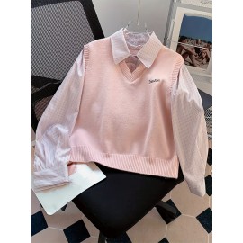 Women's Elegant Collar Sweater - Two-in-One Mock Layering Design, All-Season Office & Formal Events Sweater in Grey & Blue Horizontal Stripes, Non-Transparent Sweater for Women, Ladies Sweaters, Comfortable Fit