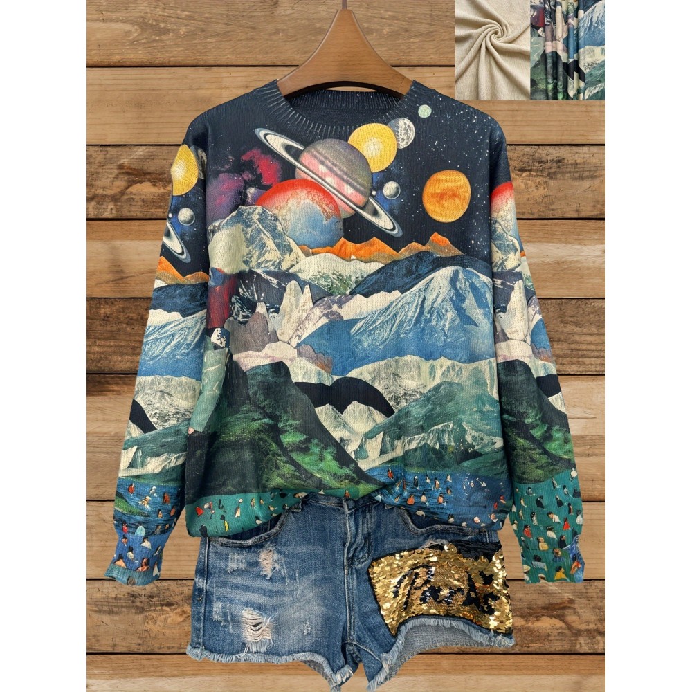 [All-Over Print, Thin Sweater] All-Over Print Thin Sweater | Universe Pattern, Casual Crew Neck Long Sleeve, Women's Clothing