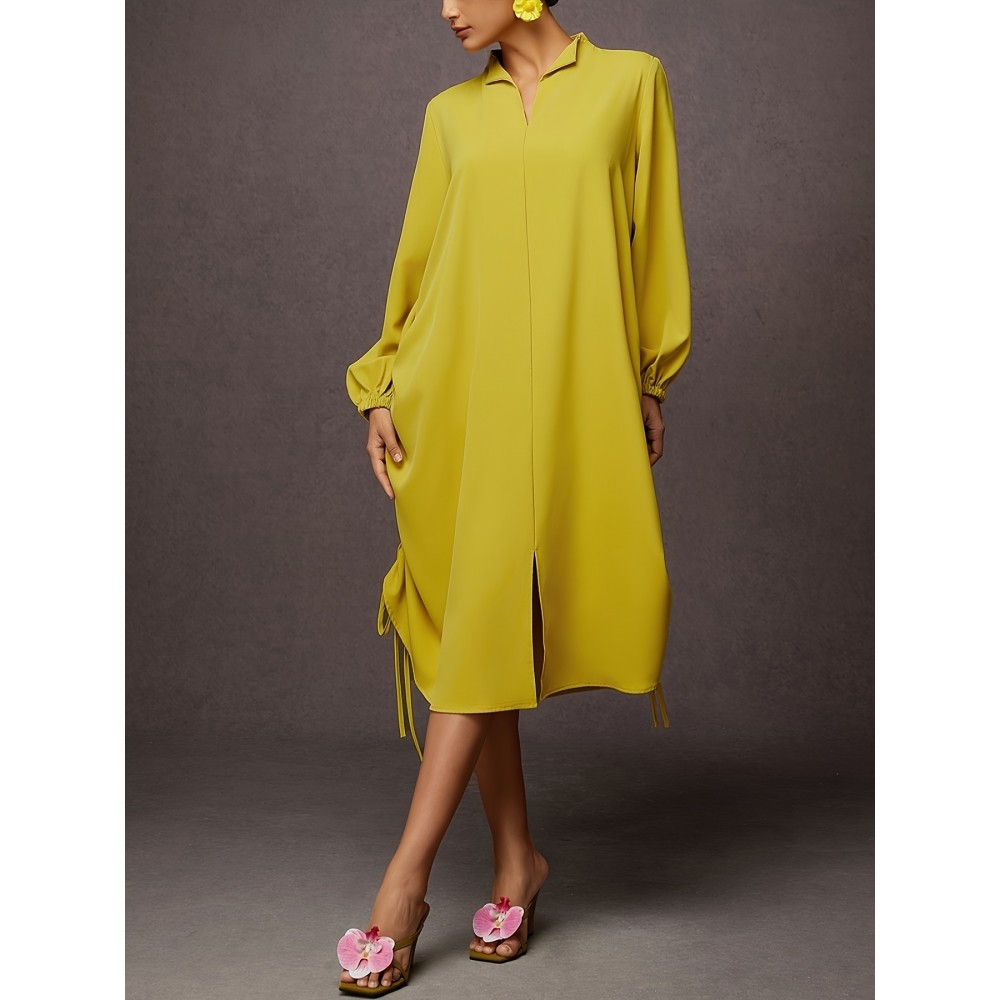 Women's Elegant Mustard-Yellow Loose-Fit Shirt Dress with Stand-Up Collar & Lantern Sleeves - Adjustable Drawstring Waist, Long Sleeves, Machine Washable, Spring/Summer/Fall Casual to Semi-Formal Wear, Flowy Fabric Gown