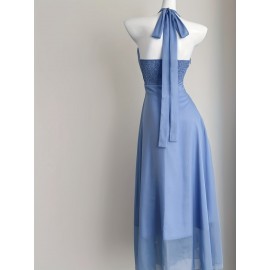 Blue Vacation Style French Floral Waist-Cinched Halter Neck Sleeveless Backless Chiffon Maxi Dress for Women, Summer