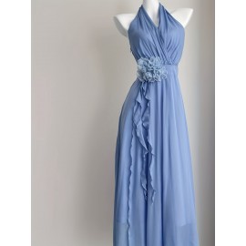 Blue Vacation Style French Floral Waist-Cinched Halter Neck Sleeveless Backless Chiffon Maxi Dress for Women, Summer