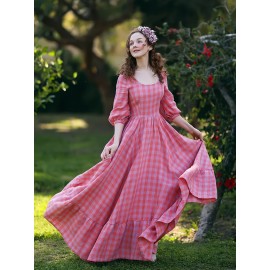French Vintage Square Neck Puff Sleeve Dress for Women, Pink Plaid Maxi Swing Skirt in Country Style - Perfect for Holiday Getaways, Picnics and Parties