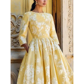 Women's Elegant Maxi Dress - Mustard-Yellow Floral print A-Line long dress, Non-Stretchy fabric for Formal & Casual Events, Office, Parties - All-Season Women's Clothing