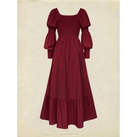 Women'S Elegant Burgundy A-Line Maxi Dress with Puffed Sleeve & Square Neck - Solid Color Floor-Length Formal & Semi-Formal Evening Gown, Machine Washable For Spring Summer Fall Events, Dresses For Wedding Guest, Seasonal Fashion, Sophisticated Styl