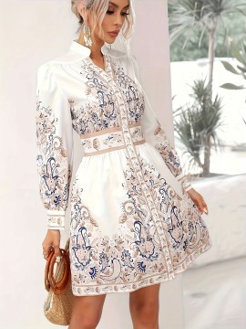 Women's Bohemian Floral Print Button-Front Closure, Machine Washable Vacation Outfit for Women, Formal Casual Events, Floral Print Blouse, Autumn Clothing, Nontransparent Fabric