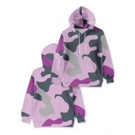 Women's Full-Body Pink & Green Camo Sweatshirt - Long Sleeve Hoodie with Drawstring Hood, Stretchy Polyester Pullover for Casual Streetwear, Everyday Outfits - Machine Washable Women's Clothing, Spring Autumn Apparel, Comfortable Fit