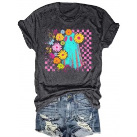 Women'S Halloween Graphic T-Shirt - Spooky Floral Print with Pink Checkered Background, Casual Short Sleeve Round Neck Tee for Casual Attire & Halloween Parties, Halloween Clothes, Festive Party Attire, Vibrant Print Top, Relaxed Fit Shirt