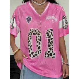 Women's Pink Leopard print T-Shirt - Sleeve, Breathable Mesh Fabric Top for Summer & Everyday Casual Outfits - Machine Washable Party Everyday Shirt, Relaxed Fit, Bold Graphics, Lightweight Material, Graphic Tee, Fashion Lovers