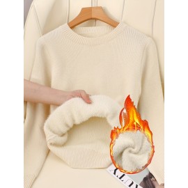 [Soft Thermal Sweater] Soft & Comfortable Women's Thermal Round-Neck Loose Fit Long Sleeve Sweater | All-Season Casual Top, Solid Color, Easy Care Hand Wash/Dry Clean, Medium Stretch, Clean Design