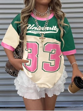 [Retro Y2K Colorblock Tee] Retro Vintage Y2K Women's T-Shirt - Pastel Green & Pink Colorblock Tee | Machine Washable, All-Season Casual Top, Bold Letter Print, Versatile Clothing