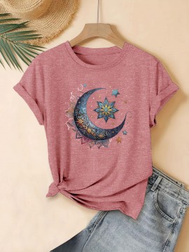 Women's Casual Short Sleeve Crew Neck T-Shirt - Vibrant Sun Moon Stars Paisley Print, Breathable Regular Fit Top for Spring Summer Fall, Machine Washable, Seasonal Fashion, Artistic Celestial Design, Comfortable Fabric